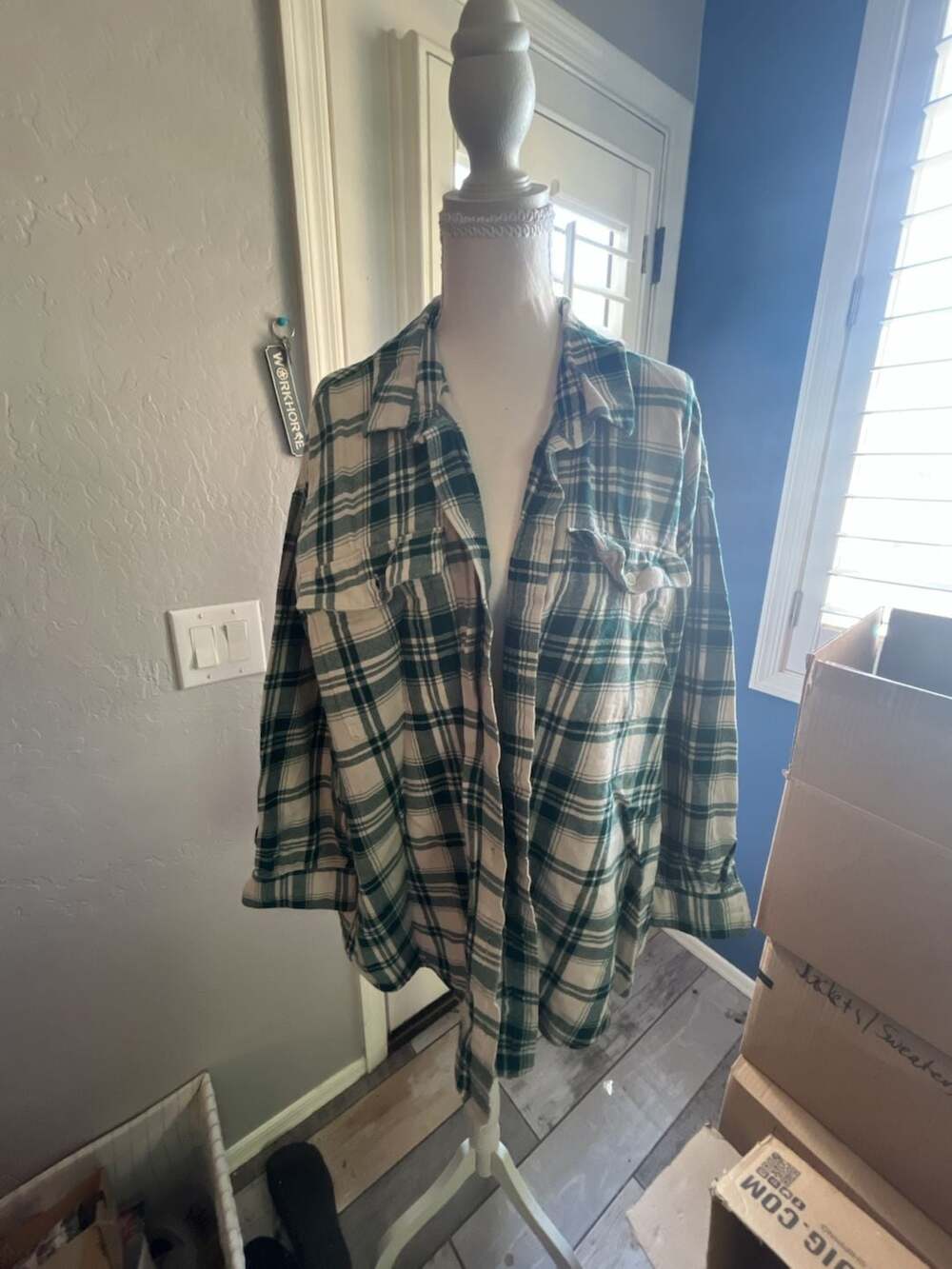 Old Navy The Boyfriend Shirt Green and White Plaid Flannel Button Down 3X